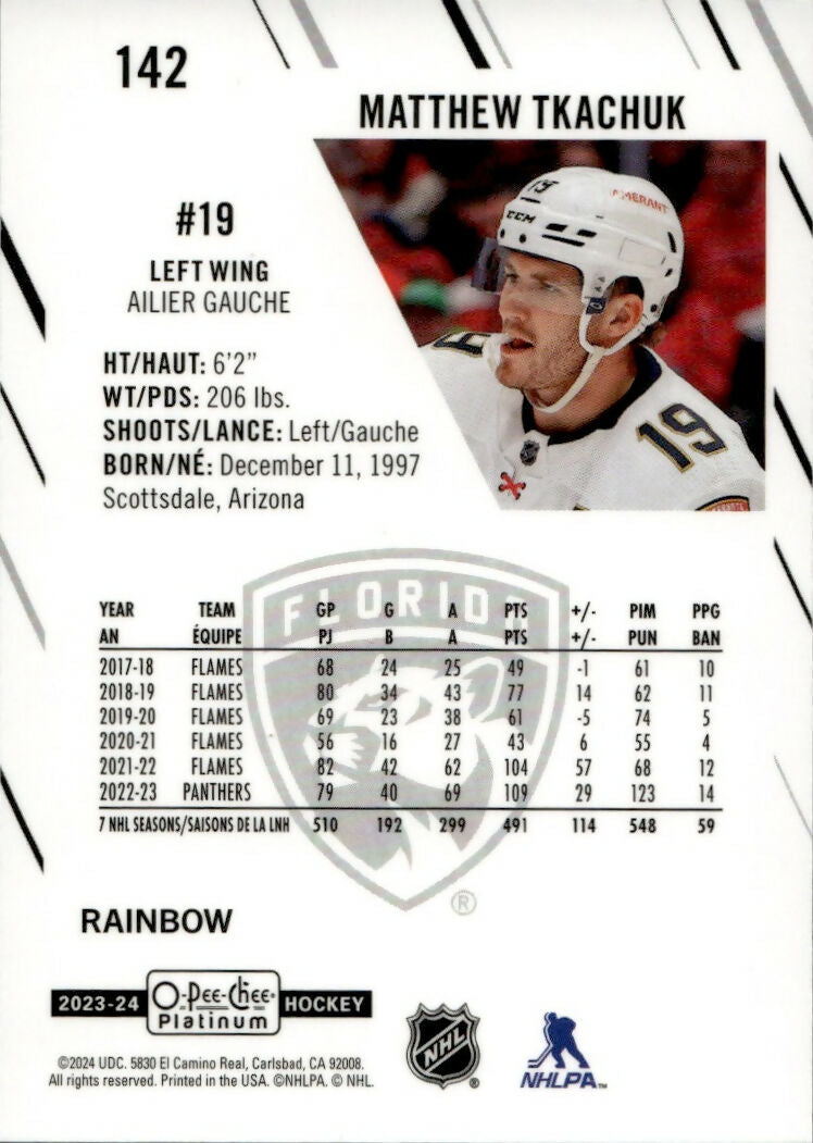 2023-24 Upper Deck O-Pee Chee Platinum Hockey - Base - Rainbow #142 Matthew Tkachuk - Florida Panthers - B