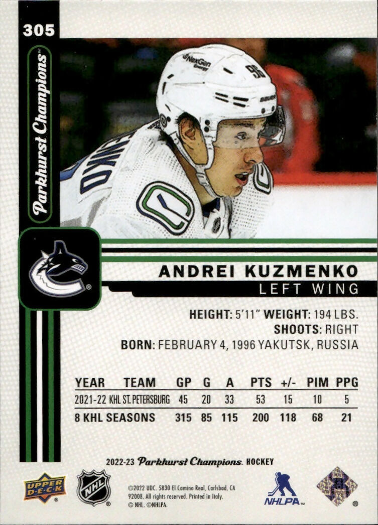 2022-23 Upper Deck Parkhurst Champions - Base #305 Andrei Kuzmenko - Vancoyver Canucks - B