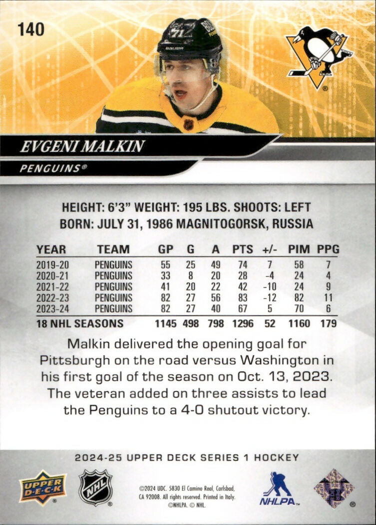 2024-25 Upper Deck Series 1 Hockey - Base #140 Evgeni Malkin - Pittsburgh Penguins
