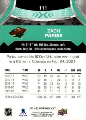 2021-22 Upper Deck MVP Hockey - Base #111 Zach Parise - Minnesota Wild