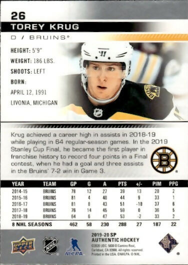 2019-20 Upper Deck SP Authentic Hockey - Base #26 Tory Krug - Boston Bruins