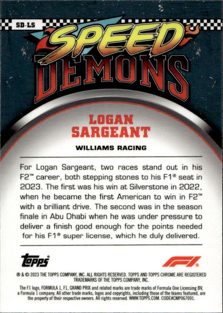 2023 Topps Chrome Formula 1 Speed Demons #SD-LS Logan Sargeant - Williams Racing - B