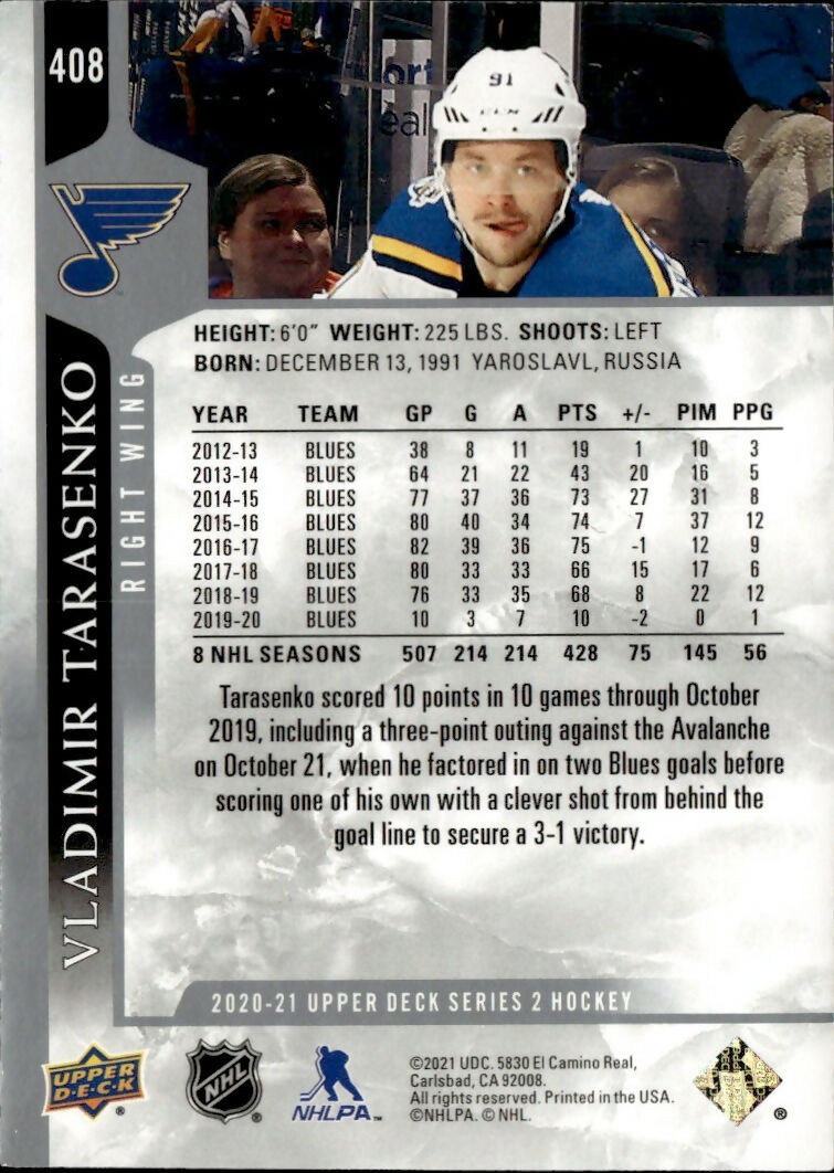 2020-21 Upper Deck Series 2 Hockey - Base #408 Vladimir Tarasanko - St. Louis Blues - B