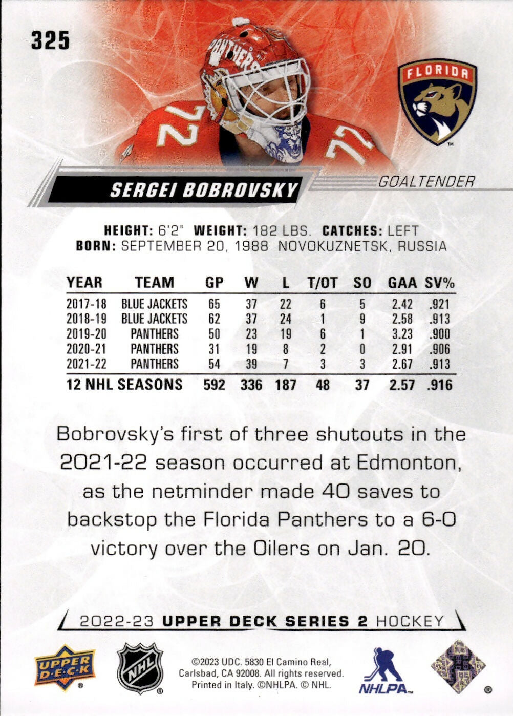 2022-23 Upper Deck Series 2 Hockey - Base #325 Sergei Bobrovsky - Florida Panthers
