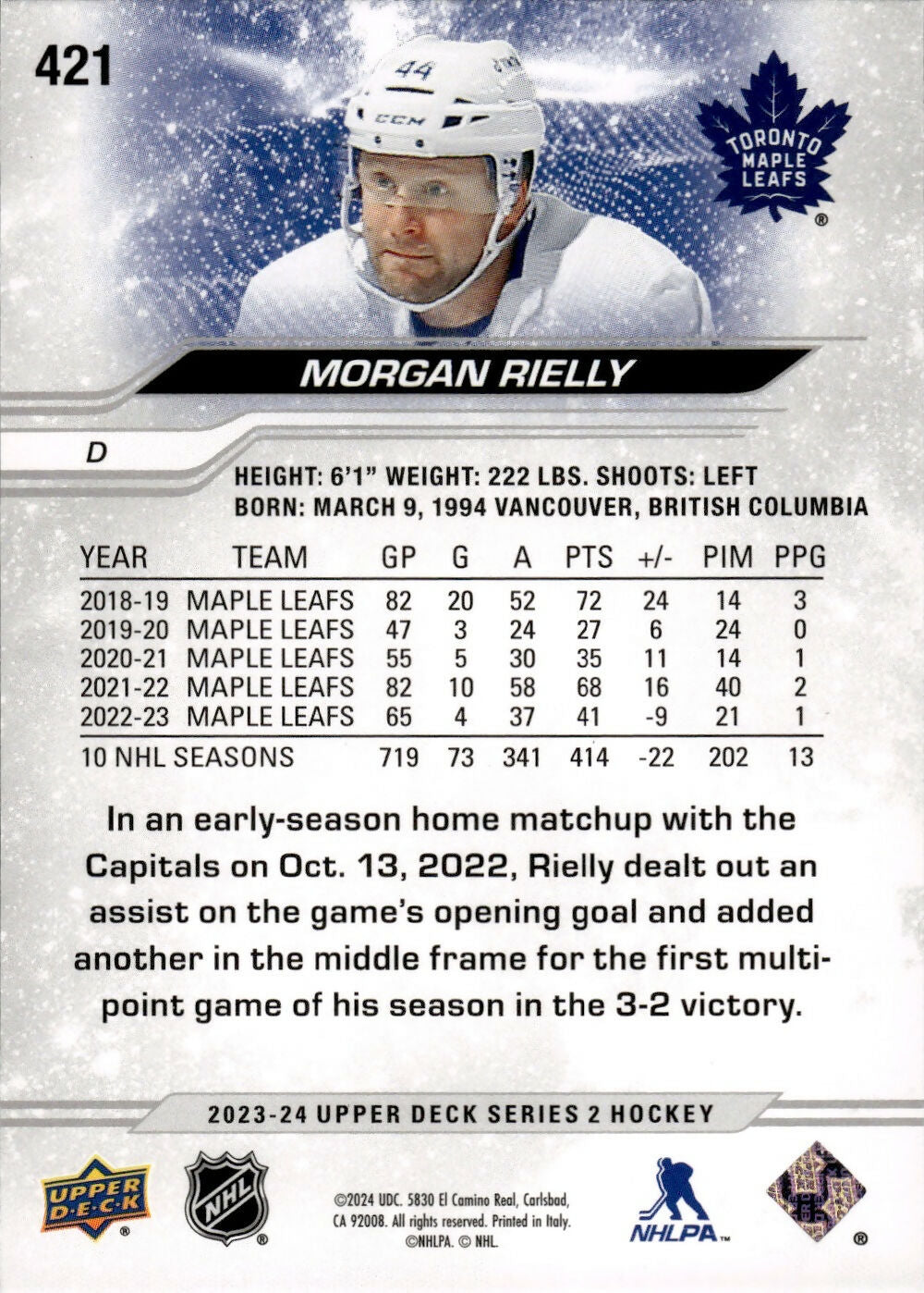 2023-24 Upper Deck Series 2 Hockey - Base #421 Morgan Rielly - Toronto Maple Leafs - B