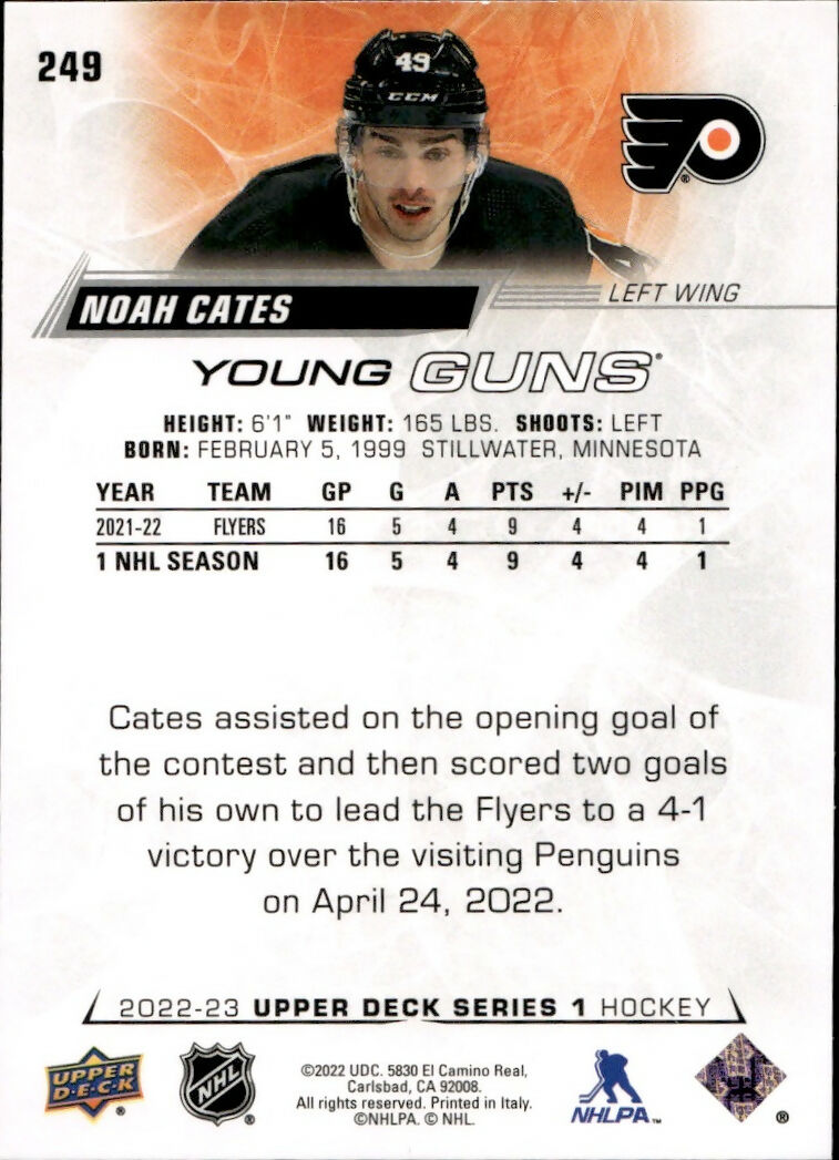 2022-23 Upper Deck Series 1 Hockey - Base - Young Guns #249 Noah Cates - Philadelphia Flyers - B
