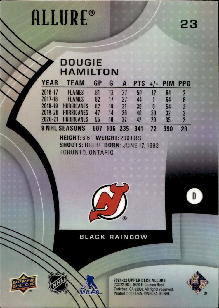 2021-22 Upper Deck Allure Hockey - Base - Black Rainbow #23 Dougie Hamilton - New Jersey Devils - B