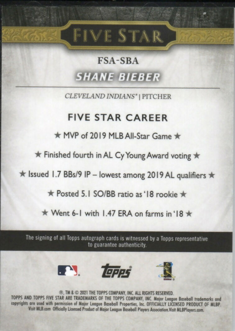 2021 Topps Five Star Baseball - Autographs #FSA-SBA Shane Beiber - Cleveland Indians - B