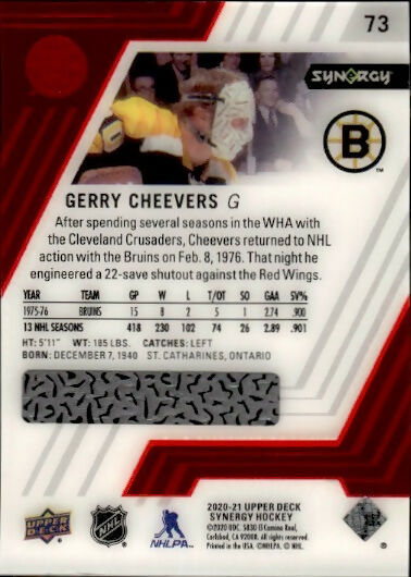 2020-21 Upper Deck Synergy Hockey - Base #73 Gerry Cheevers - Boston Bruins