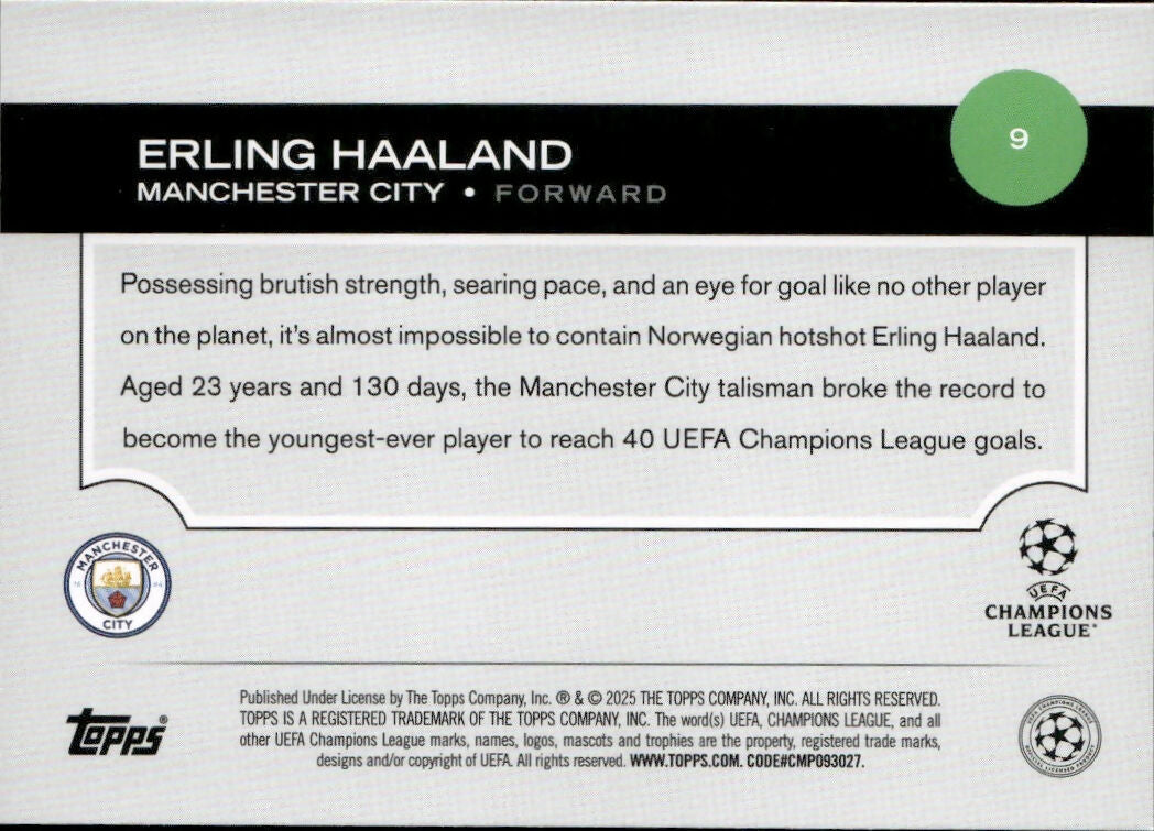 2024-25 Topps UEFA Club Competitions - Base #9 Erling Haaland - Manchester City - B