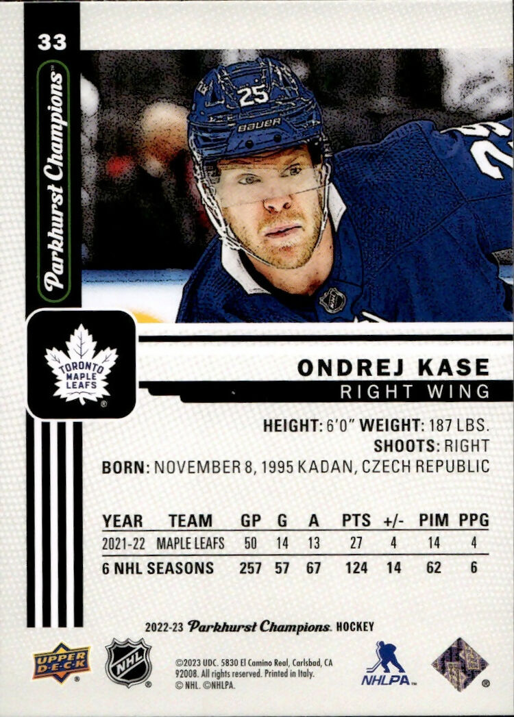 2022-23 Upper Deck Parkhurst Champions - Base #33 Ondrej Kase - Toronto Maple Leafs - B