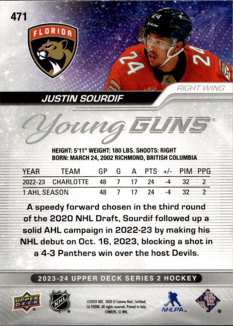 2023-24 Upper Deck Series 2 Hockey - Base - Young Guns #471 Justin Sourdif - Florida Panthers - B