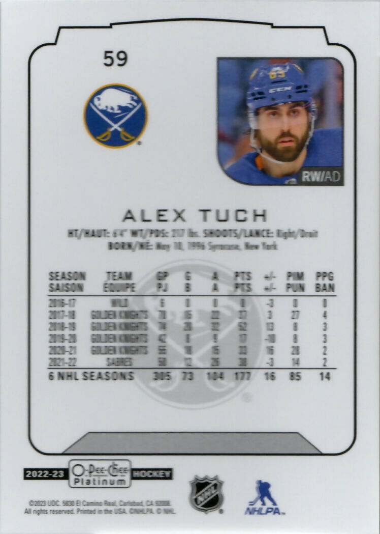 2022-23 Upper Deck O-Pee-Chee Platinum Hockey - Base #59 Alex Tuch - Buffalo Sabres