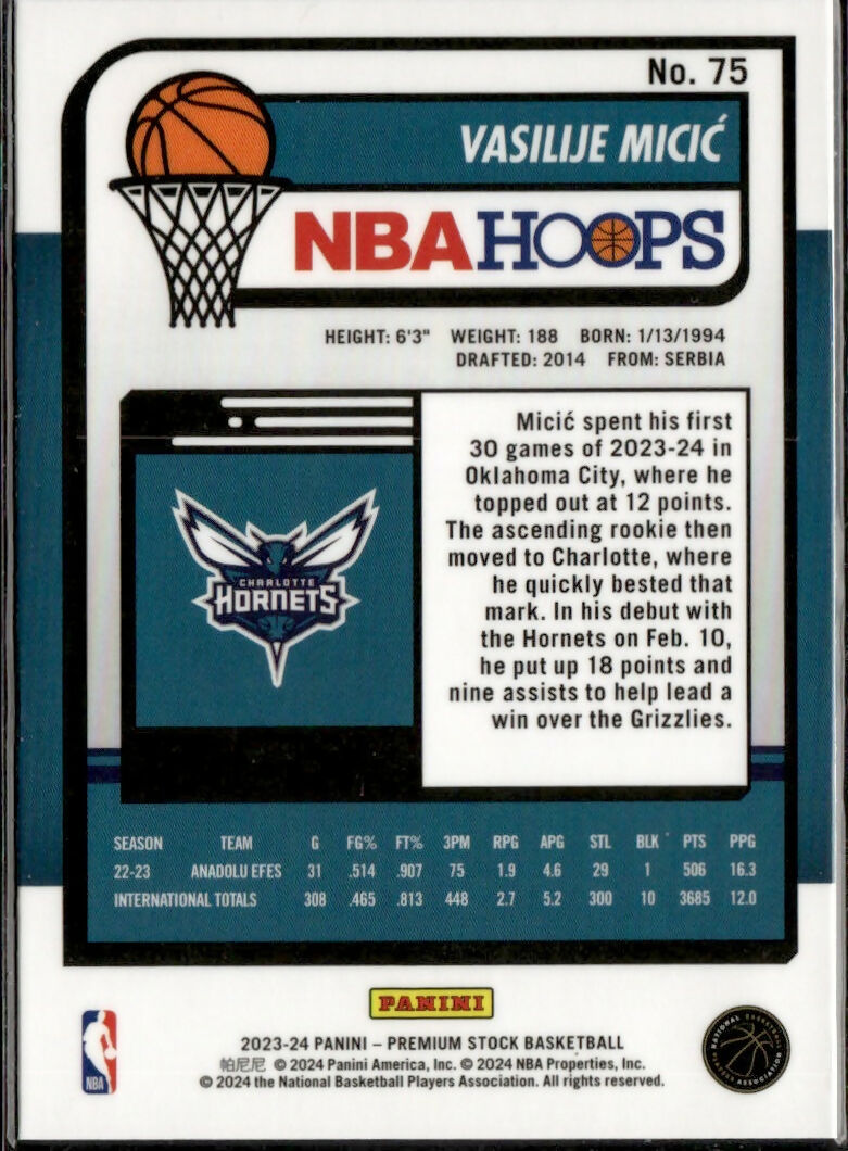 2023-24 Panini NBA Hoops Premium Stock - Base #75 Vasilije Micic - Charlotte Hornets - B