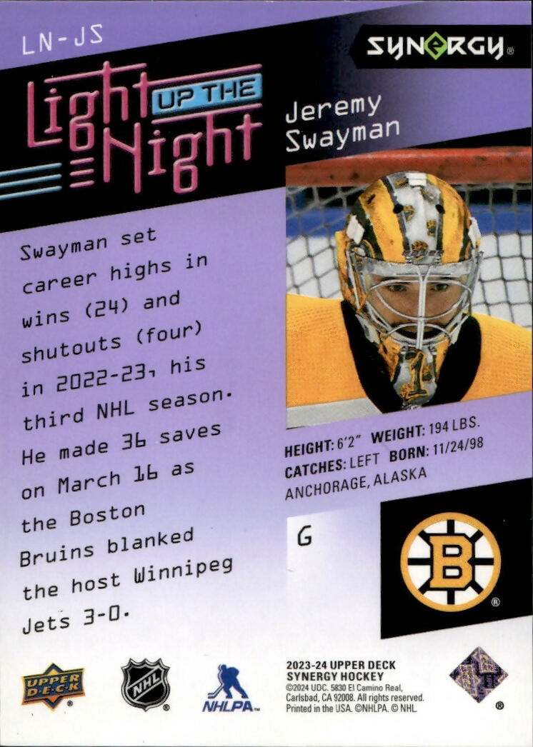 2023-24 Upper Deck Synergy Hockey - Light Up The Night :999 #LN-JS Jeremy Swayman - Boston Bruins - B