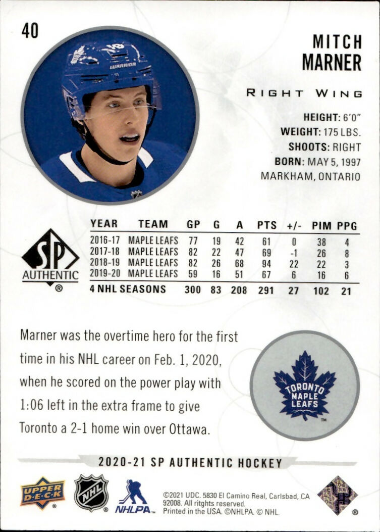 2020-21 Upper Deck Sp Authentic Hockey - Base #40 Mitch Marner - Toronto Maple Leafs - B