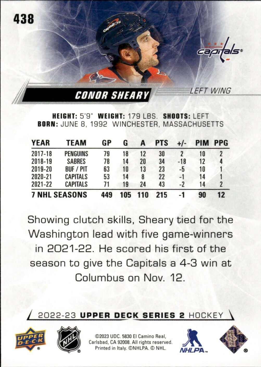 2022-23 Upper Deck Series 2 Hockey - Base #438 Conor Sheary - Washington Capitals