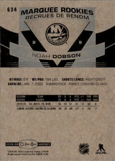 2019-20 Upper Deck O-Pee-Chee Hockey - Base - Marquee Rookies #634 Noah Dobson - New York Islanders