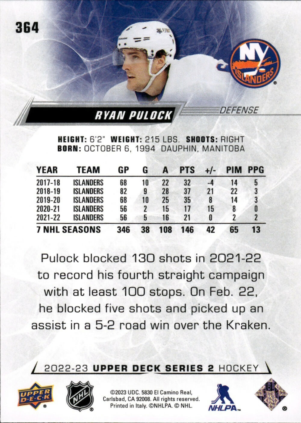 2022-23 Upper Deck Series 2 Hockey - Base #364 Ryan Pulock - New York Islanders - B