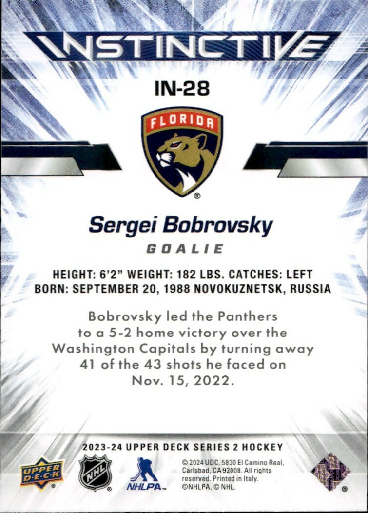 2023-24 Upper Deck Series 2 Hockey - Instinctive - Sparkle #IN-28 Sergei Bobrovsky - Florida Panthers - B