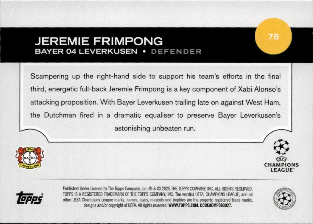 2024-25 Topps UEFA Club Competitions - Base #78 Jeremie Frimpong - Bayer 04 Leverkusen - B