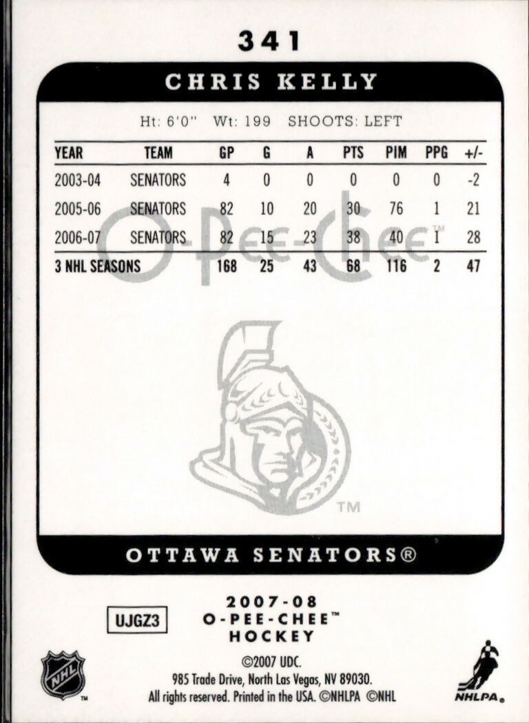 2007-08 O-Pee-Chee - Base #341 Chris Kelly - Ottawa Senators - B