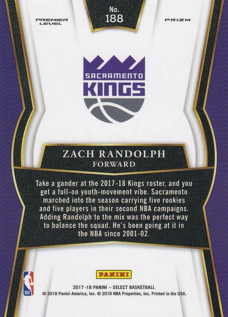 2017-18 Panini Select Silver Prizms #188 Zach Randolph Sacramento Kings