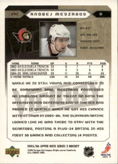 2005-06 Upper Deck Victory Hockey - Base #293 Andrej Meszaros - Ottawa Senators - B