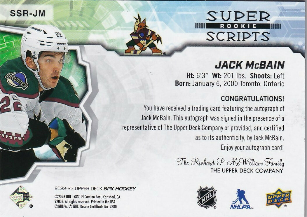 2022-23 Upper Deck SPX Hockey - Superscripts #SS-JM Jack McBain - Arizona Coyotes - B