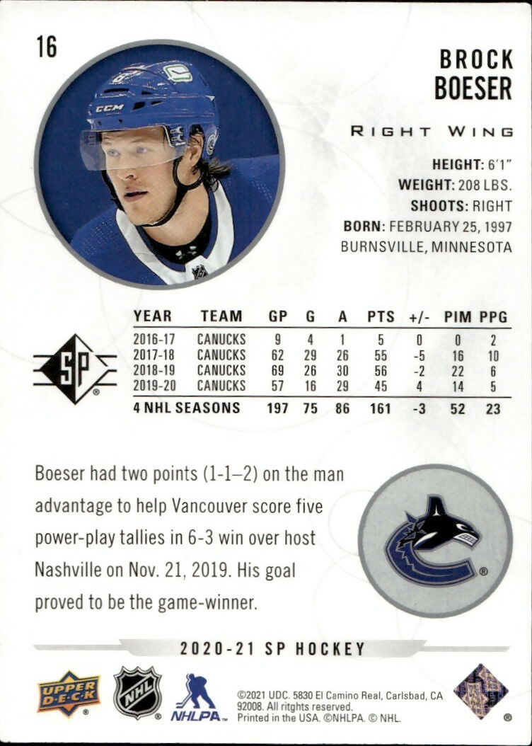 2020-21 Upper Deck Sp Authentic Hockey - Base #16 Brock Boeser - Vancouver Canucks