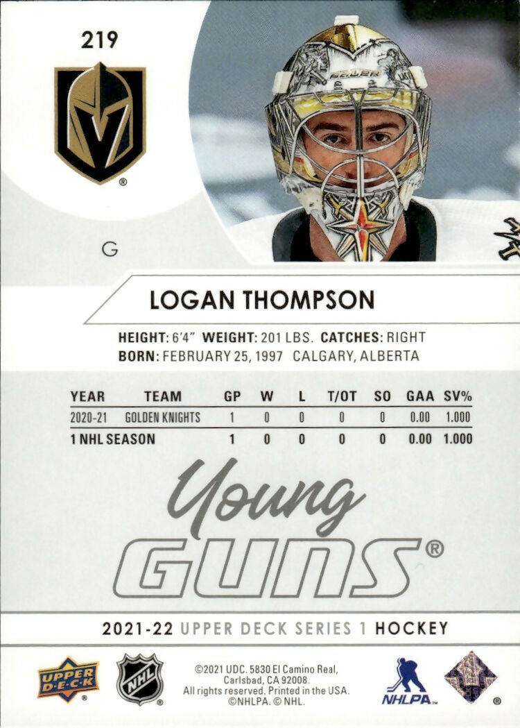 2021-22 Upper Deck Series 1 - Base - Young Guns #219 Logan Thompson - Vegas Golden Knights - B