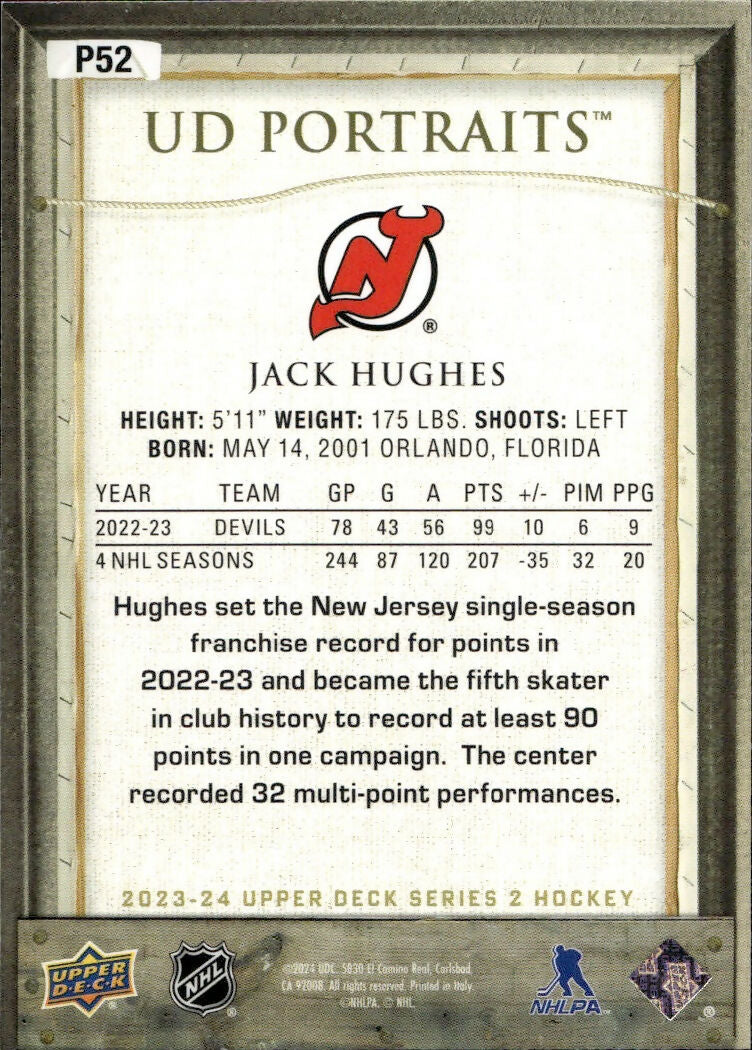 2023-24 Upper Deck Series 2 Hockey - Portraits #P-52 Jack Hughes - New Jersey Devils - B
