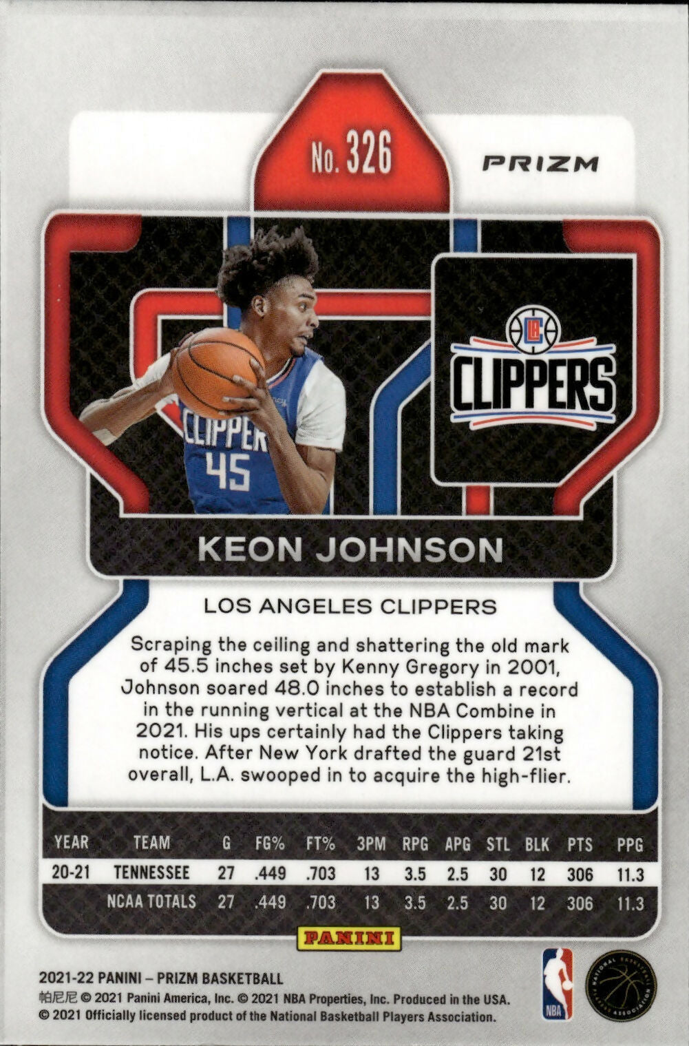 2021-22 Panini Prizm Basketball - Base - Prizm - Rookie # 326 Keon Johnson - Los Angeles Clippers