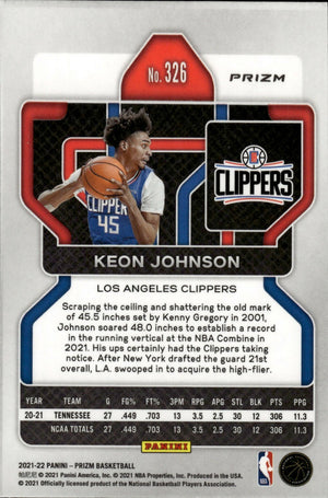 2021-22 Panini Prizm Basketball - Base - Prizm - Rookie # 326 Keon Johnson - Los Angeles Clippers