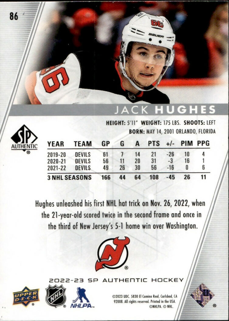 2022-23 Upper Deck SP Authentic Hockey - Base #86 Jack Hughes - New Jersey Devils - B