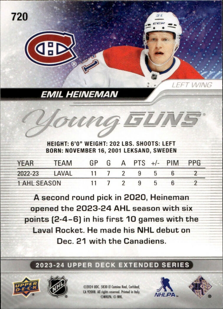 2023-24 Upper Deck Extended Series Hockey - Base - Young Guns #720 Emil Heineman - Montreal Canadiens - B