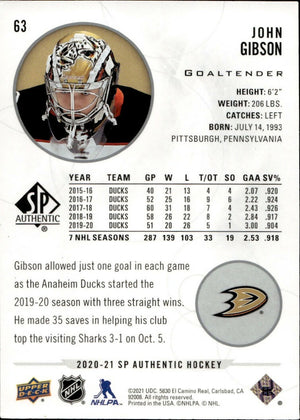 2020-21 Upper Deck Sp Authentic Hockey - Base #63 John Gibson - Anaheim Ducks - B