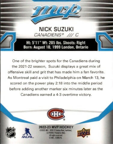 2022-23 Upper Deck MVP Hockey - Base #58 Nick Suzuki - Montreal Canadiens