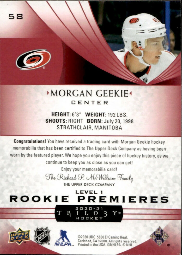 2020-21 Upper Deck Trilogy Hockey - Base - Red Foil Jersey :499 #58 Morgan Geekie - Carolina Hurricanes - B