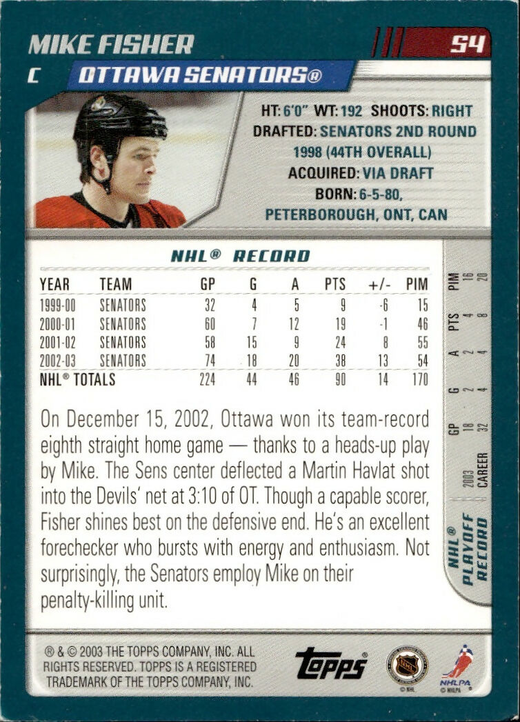 2003-04 O-Pee-Chee - Base - Blue :500 #54 Mike Fisher - Ottawa Senators - B