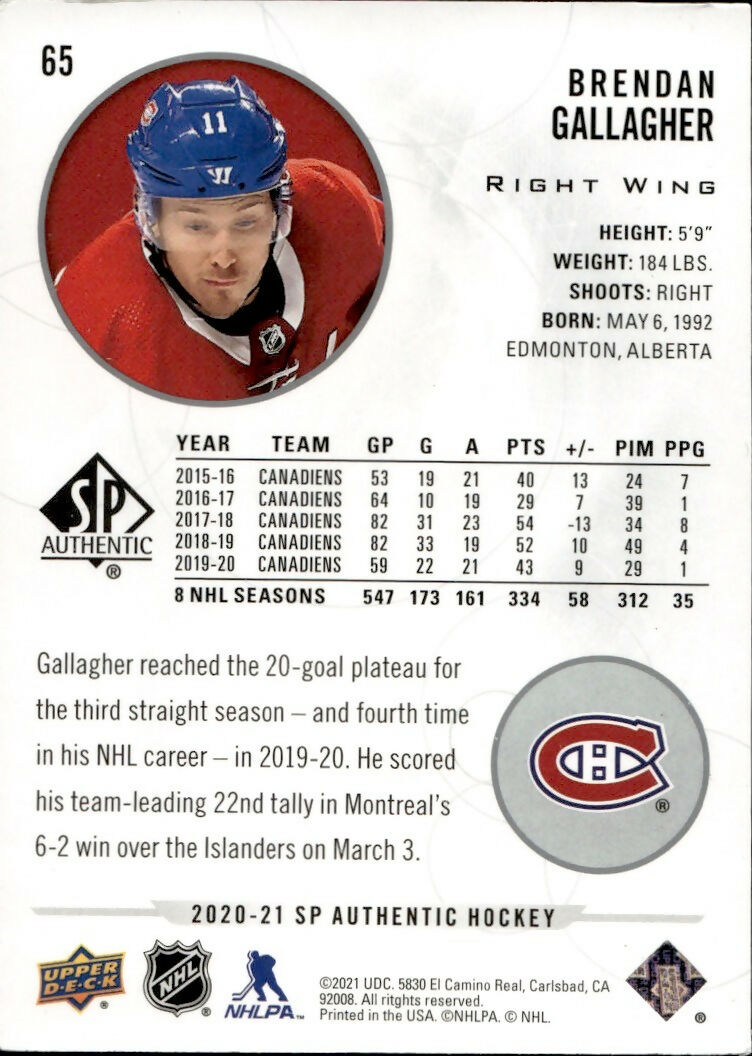 2020-21 Upper Deck Sp Authentic Hockey - Base #65 Brendan Gallagher - Montreal Canadiens - B