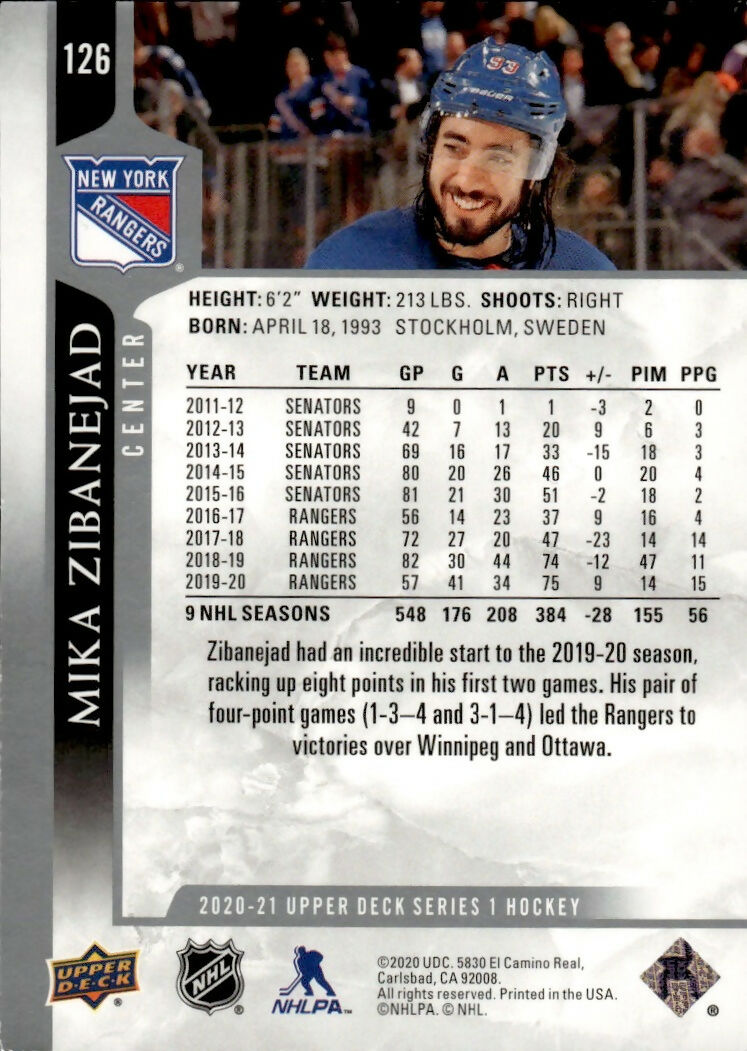 2020-21 Upper Deck Series 1 Hockey #126 Mika Zibanejad - New York Rangers