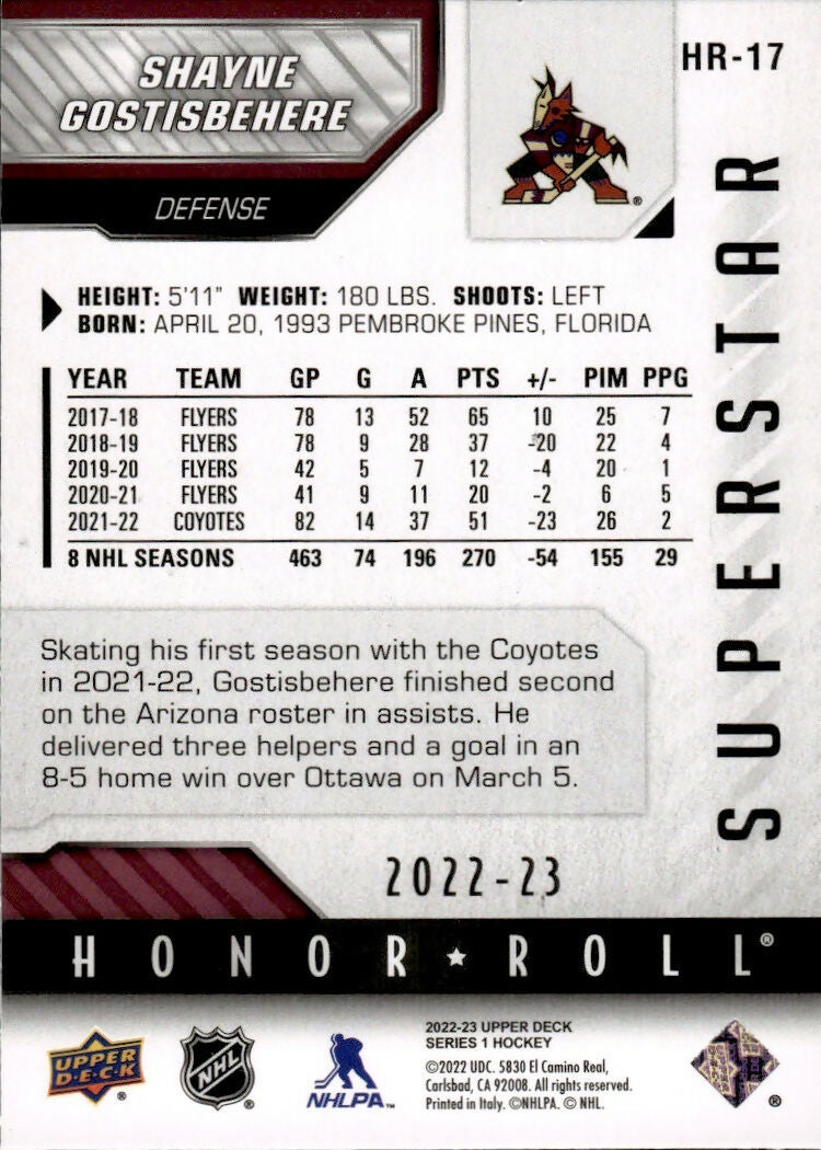 2023-24 Upper Deck Series 2 Hockey - Honor Roll #HR-17 Shayne Gostibehere - Arizona Coyotes - B