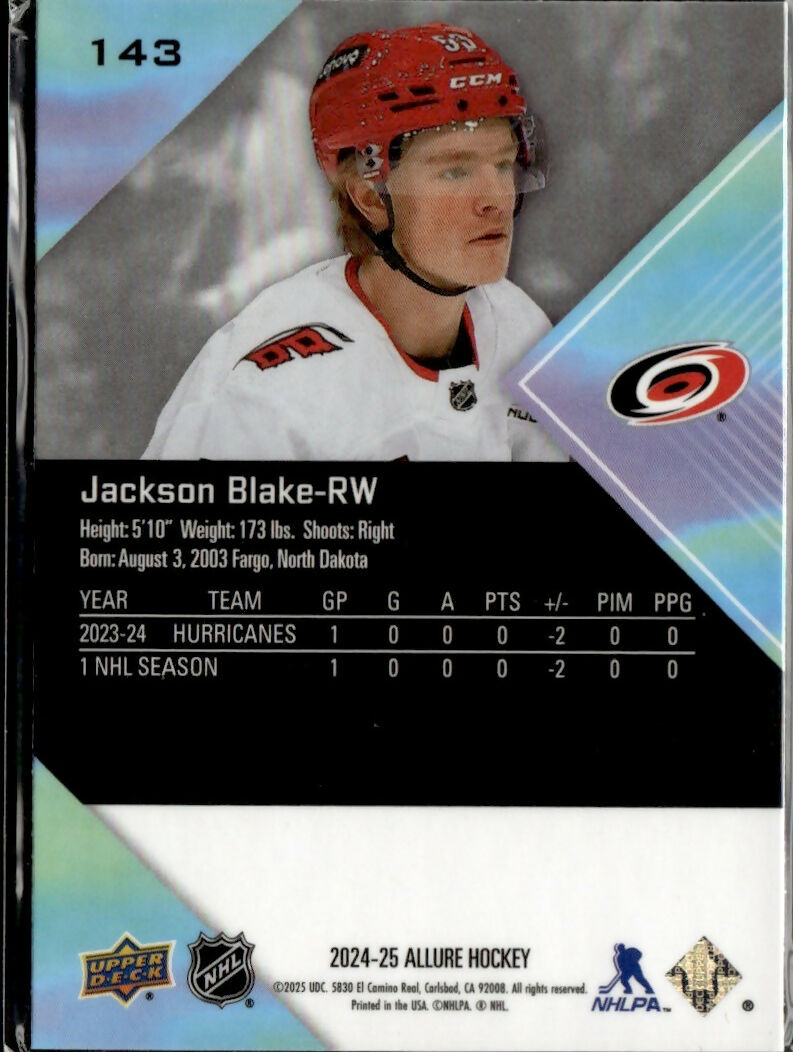2024-25 Upper Deck Allure Hockey - Base - Rookie #143 Jackson Blake - Carolina Hurricanes - B
