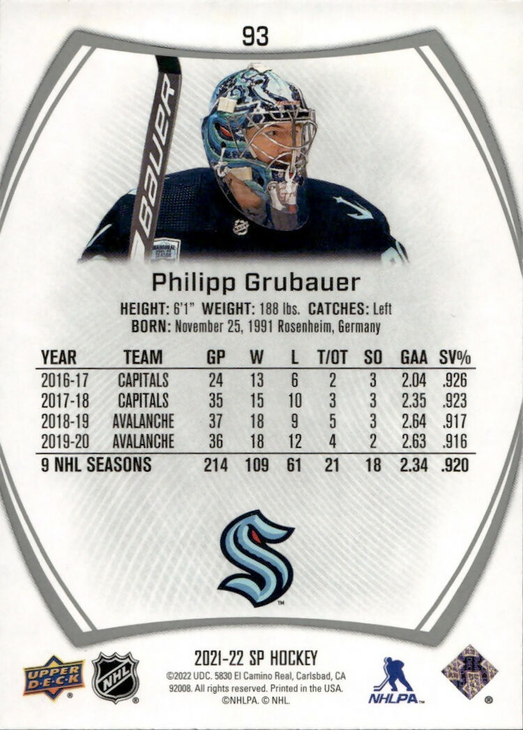2021-22 Upper Deck SP Authentic Hockey - Base #93 Philipp Grubauer - Seattle Kraken - B