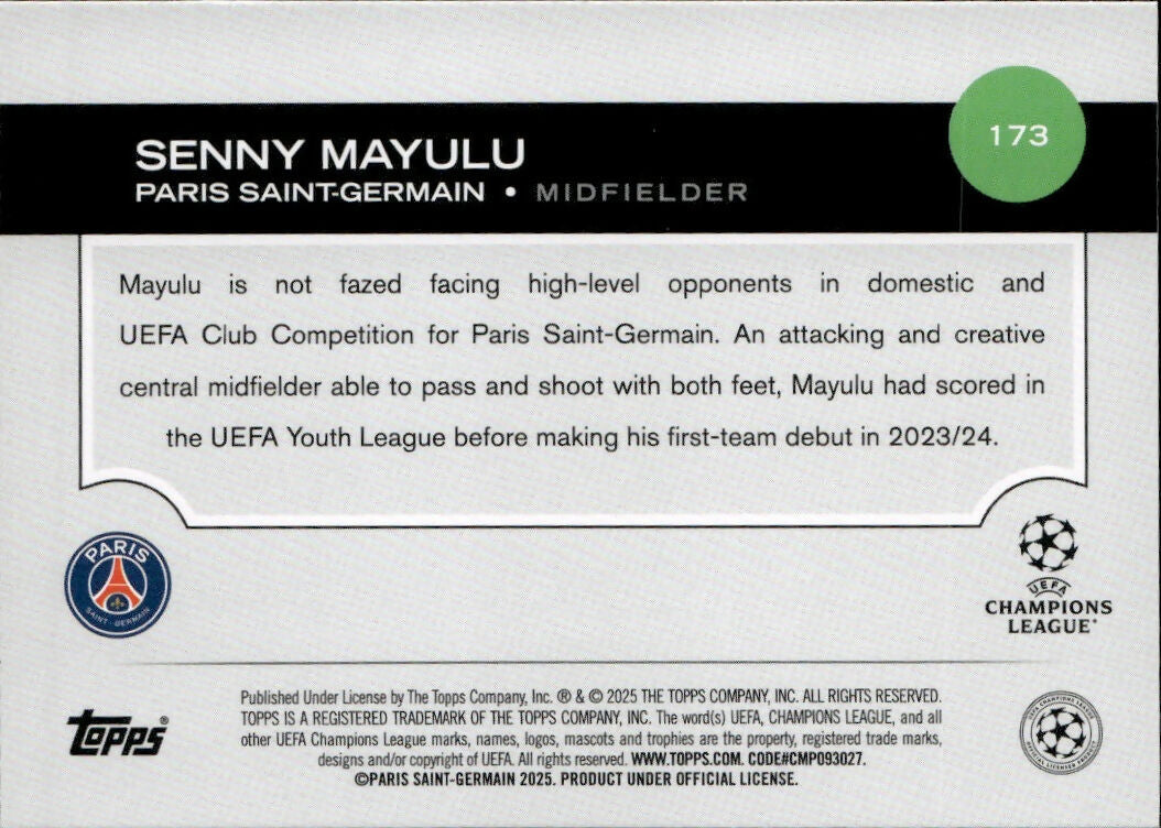 2024-25 Topps UEFA Club Competitions - Base #173 Senny Mayulu - Paris Saint-Germain - B
