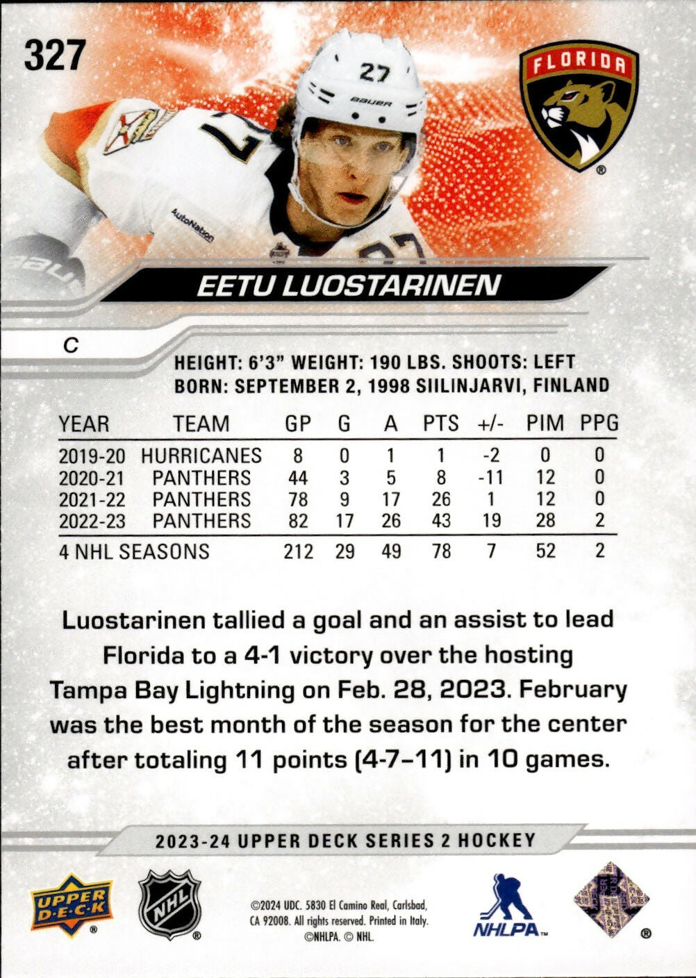 2023-24 Upper Deck Series 2 Hockey - Base #327 Eetu Loustarinen - Florida Panthers