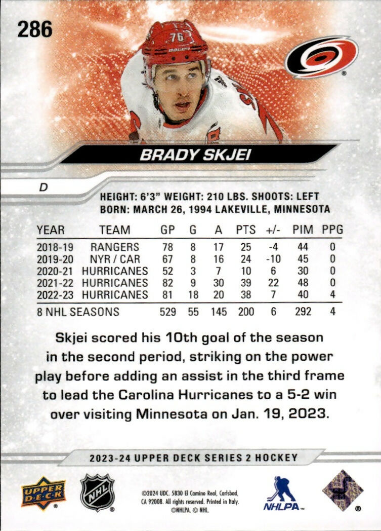 2023-24 Upper Deck Series 2 Hockey - Base #286 Brady Skjei - Carolina Hurricanes - B