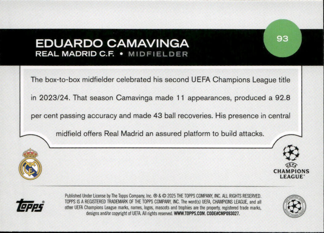 2024-25 Topps UEFA Club Competitions - Base #93 Eduardo Camavinga - Real Madrid C.F. - B