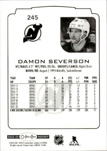 2022-23 Upper Deck O-Pee-Chee Hockey - Base - #245 Damon Severson - New Jersey Devils